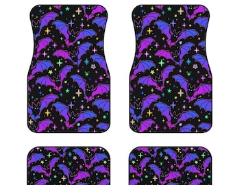 Alfombrillas de coche con diseño de murciélago de neón gótico (juego de 4)/Accesorios espeluznantes para el coche/Alfombrilla para el suelo/Decoración divertida para el coche/Idea de regalo gótico