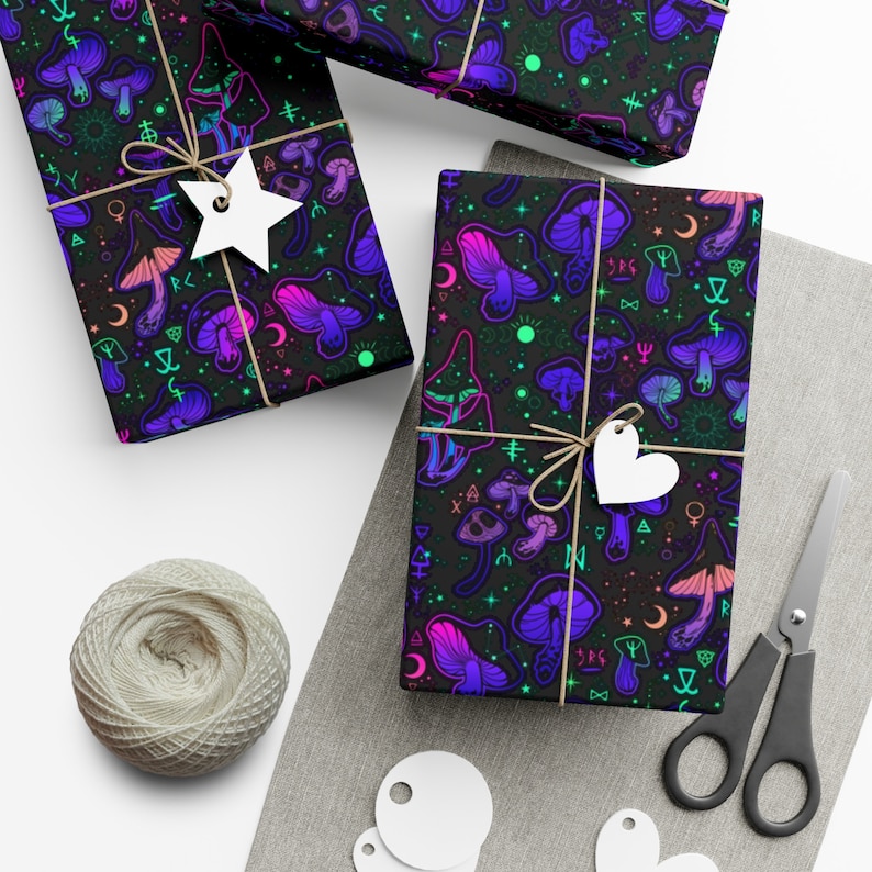 Trippy Mushroom Wrapping Paper~Neon|Black|Witch|occult|Birthday Gift Wrap|Special Occasion| Party Supplies image 8
