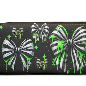 Gruselige Coquette Bow Zipper Wallet ~ Gothic Damen Geldbörse|Schwarz und Weiß Gestreift| Toxic Accessoires|Alternative Mode
