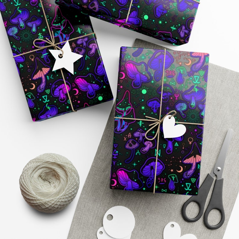 Trippy Mushroom Wrapping Paper~Neon|Black|Witch|occult|Birthday Gift Wrap|Special Occasion| Party Supplies image 9