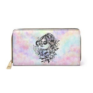 Cartera con cremallera del Día de los Muertos ~ Cartera de mujer con diseño de arcoíris pastel, floral y gótico