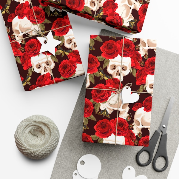Skull and Roses Wrapping Paper~Spooky Love|Goth Paper|Birthday|Holiday|Special Occasion| Party Supplies
