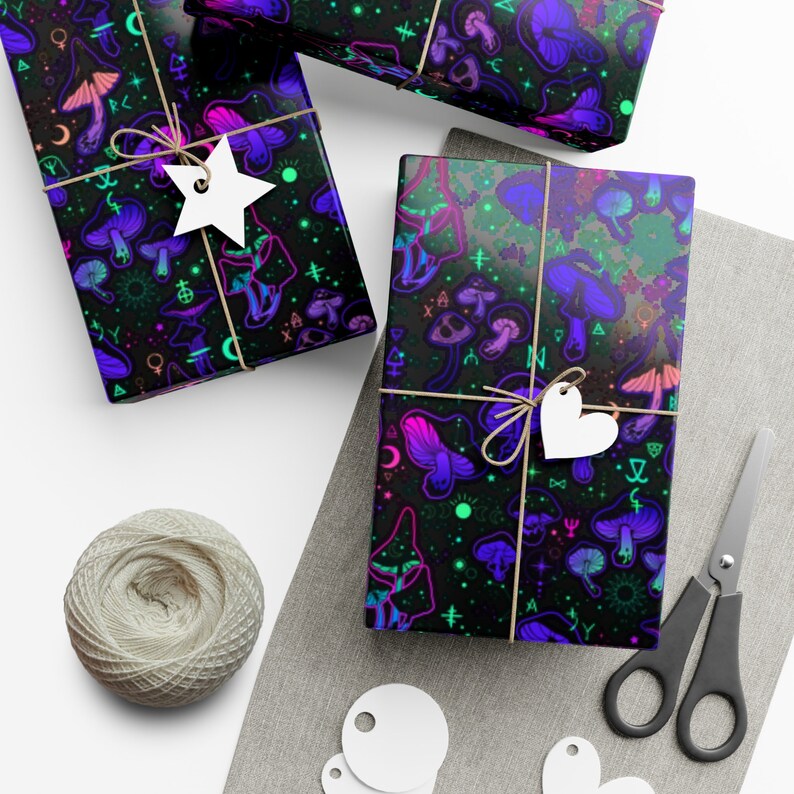 Trippy Mushroom Wrapping Paper~Neon|Black|Witch|occult|Birthday Gift Wrap|Special Occasion| Party Supplies image 7