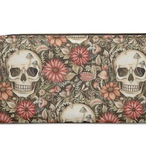 Cartera gótica de estilo cottagecore oscuro, cartera con cremallera en forma de hongo, diseño floral y de calavera, monedero alternativo, cartera pequeña, regalo único