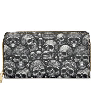 Dark Skull Zipper Wallet~Gothic Schwarz und Weiß Damen Geldbörse|Alternatives Zubehör| Gruselige Geldbörse | Emo Kartenhalter | Halloween Geschenk