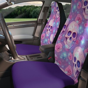 Pastel Skull Roses Car Seat Covers - Skull Auto Decor|Gothic Style|Unique Gifts|Halloween Inspiration|Trendy Car Accessories