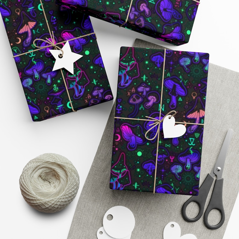 Trippy Mushroom Wrapping Paper~Neon|Black|Witch|occult|Birthday Gift Wrap|Special Occasion| Party Supplies image 1