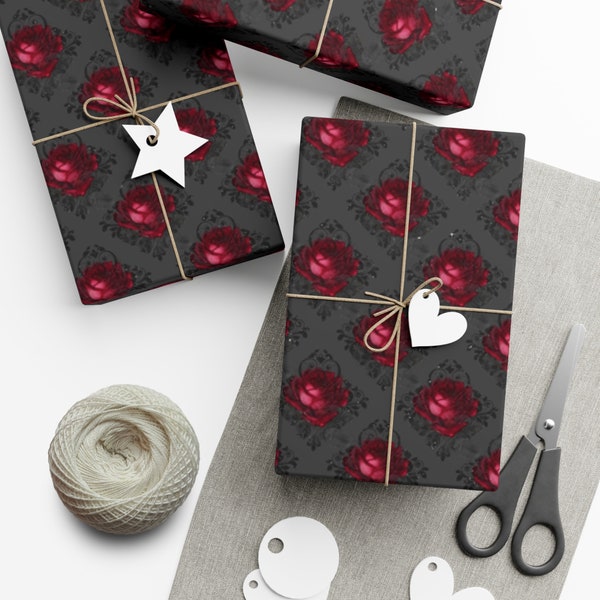 Gothic Red Rose Wrapping Paper~Sparkle|Halloween|Black|Birthday|Special Occasion| Wedding|Party Supplies
