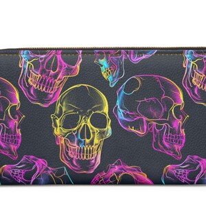 Neon Xray Skull Reißverschluss Brieftasche - Goth Skelett Accessoire|Punk Rock Alternative Tasche|Einzigartige Halloween Mode|Cooles Skelett Geschenk