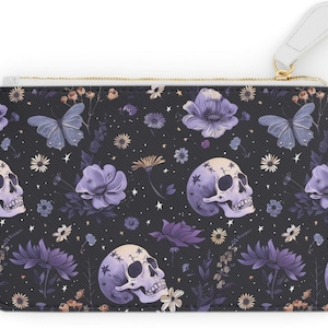 Mini pochette violette tête de mort floral ~ Sac à main gothique squelette | Petit sac à main|Portefeuille floral foncé|Accessoires gothiques fantasmagoriques|Crâne