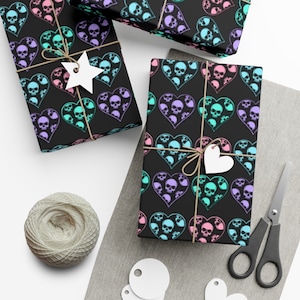 Black Pastel Skull Hearts Wrapping Paper~Gothic|Punk|Unique Gift Wrap|Birthday|Special Occasion| Party Supplies