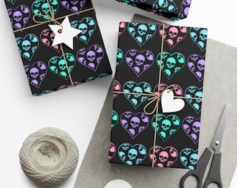 Black Pastel Skull Hearts Wrapping Paper~Gothic|Punk|Unique Gift Wrap|Birthday|Special Occasion| Party Supplies