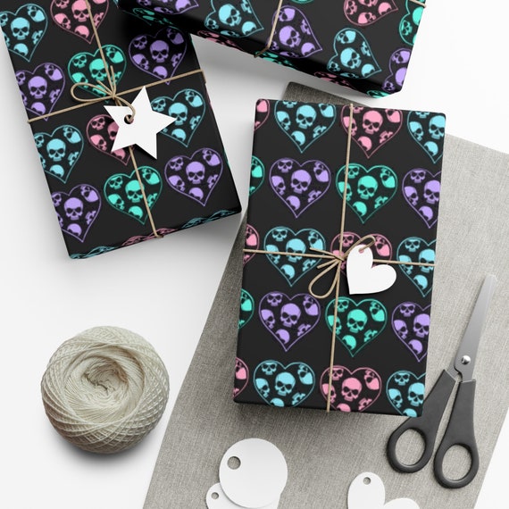 Black Pastel Skull Hearts Wrapping Paper~Gothic|Punk|Unique Gift Wrap|Birthday|Special Occasion| Party Supplies