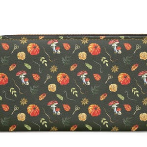 Cartera con cremallera para mujer de Green Cottages con diseño de hongos del bosque, monedero, cartera grande, tarjetero, cartera inspirada en la naturaleza