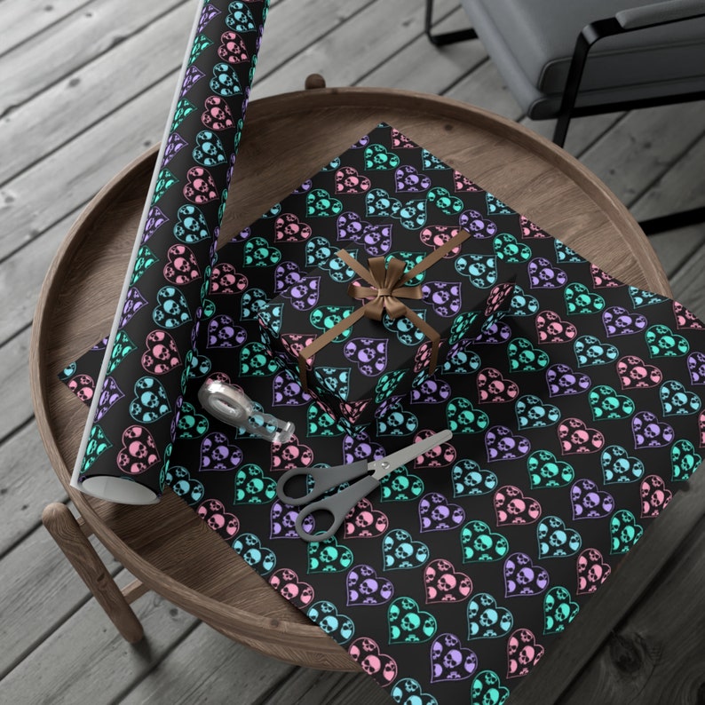 Black Pastel Skull Hearts Wrapping Paper~Gothic|Punk|Unique Gift Wrap|Birthday|Special Occasion| Party Supplies image 3