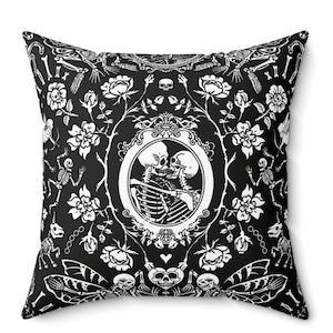 Gothic Romantic Skeleton Pillow~Spun Polyester Square Pillow|Halloween Decor|Skull Lovers Gift|Dark Valentine&#39;s Day Accent|Black Room Decor