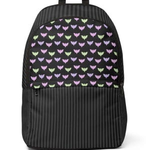 Kawaii Goth Bat Backpack~Unisex Fabric Backpack with Pin Stripes|Pastel Design|Alternative| Cute Gothic Bag|Gender Neutral Rucksack