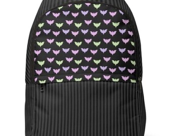 Kawaii Goth Bat Backpack~Unisex Fabric Backpack with Pin Stripes|Pastel Design|Alternative| Cute Gothic Bag|Gender Neutral Rucksack