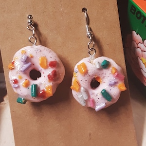 Kawaii Pink Sprinkle Doughnut Earrings~Handmade|Dangle|Polymer Clay|Cute|Food|Fun|Pierced Ears|Sparkly Jewelry