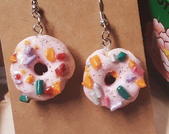 Kawaii Pink Sprinkle Doughnut Earrings~Handmade|Dangle|Polymer Clay|Cute|Food|Fun|Pierced Ears|Sparkly Jewelry