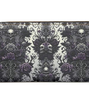 Cartera con cremallera de calavera gótica y rosas ~ Monedero con cremallera alternativo oscuro / Tarjetero de estilo punk rock para motociclistas / Accesorios góticos emo / Cartera con calavera y rosas