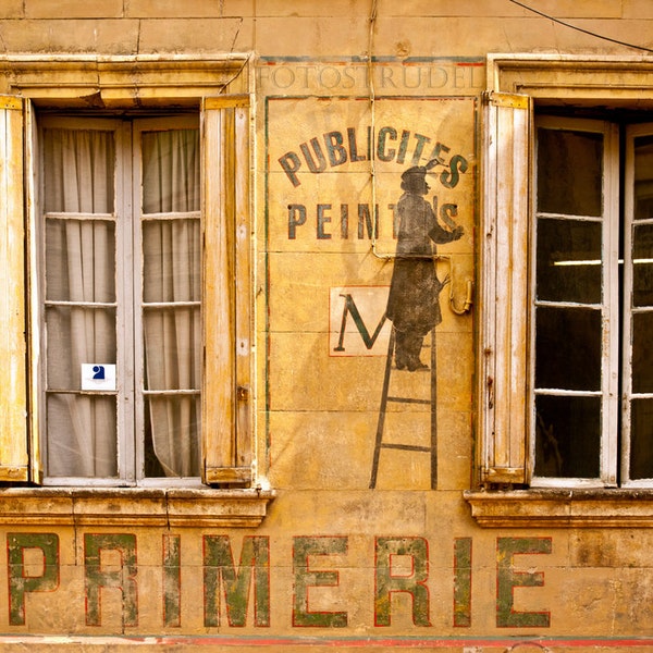 French Country Photograph. Man on a Ladder / French Windows / Shabby Chic/ French Mural in Avignon, Southern France 8x12