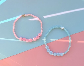 Boy Mum/Girl Mum Beaded Bracelet, Personalised Mother's Day Gift, Custom Handmade Jewellery Stacking Bracelets, Choose Pink or Blue Letters