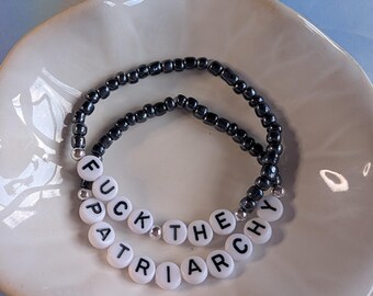 Taylor Swift F*** the Patriarchy Inspired Friendship Bracelet, Black Beaded Handmade Feminist Swiftie Gifts, Custom Eras Tour Bracelet