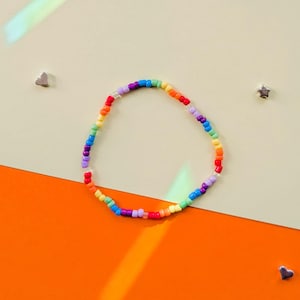May include: A rainbow coloured beaded necklace in a circle shape.