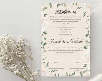 May include: A white and green floral wedding certificate with the text "This agreement was made on the 13th of February 2025, corresponding to 13th of Shaaban 1446 to certify the marriage of Yaqoub & Medinah".