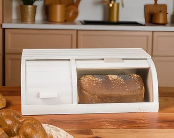 Modern Countertop Breadbox with Roll Top, Wooden Bread Bin, Two Compartment Bread Box, Large Bread Storage, Gift for New Family, Mom Gifts