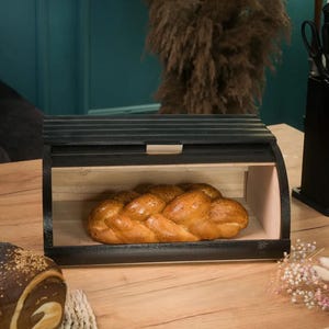 Black Wooden Bread Box, Rustic Bread Bin, Large Bread Storage 38x27x17 cm, Modern Farmhouse Kitchen Organizer, Wooden Bread Container