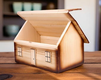 Panera de madera con forma de casa, panera rústica, gran almacenamiento de pan, decoración de cocina rústica, caja de madera natural, panera vintage