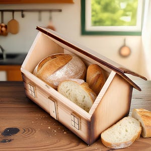 Wooden Bread Box House Shape, Rustic Bread Bin, Large Bread Storage, Farmhouse Kitchen Decor, Natural Wood Box, Vintage Bread Keeper
