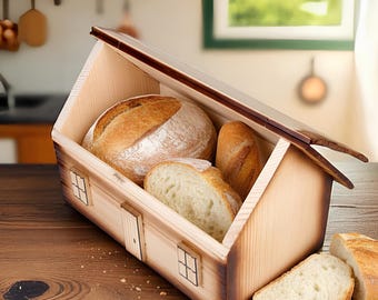 Panera de madera con forma de casa, panera rústica, gran almacenamiento de pan, decoración de cocina rústica, caja de madera natural, panera vintage
