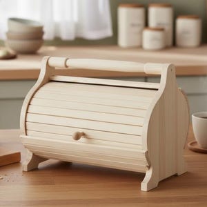 May include: A light-colored wooden bread box with a roll-top lid, a loaf of bread, and a wooden cutting board. A jar of cookies and a cup of coffee are also on the wooden countertop. The kitchen has a window and a sink.