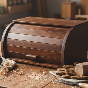 May include: A dark brown wooden bread bin with a roll-top lid. The bread bin is on a wooden table, with woodworking tools and wood shavings scattered around, indicating a handcrafted item.