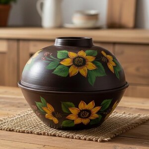Peut inclure: Un plat à casserole rond en céramique brun foncé avec un couvercle, décoré de tournesols jaunes et de feuilles vertes. Le plat repose sur un tapis tissé sur une table en bois. Articles de cuisine.