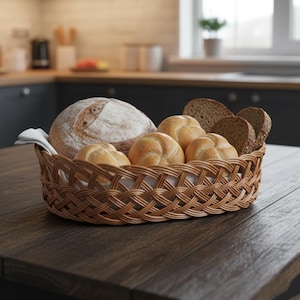 Puede incluir: Una cesta de mimbre llena de varios tipos de pan, incluyendo una hogaza redonda grande, panecillos y pan rebanado. La cesta está sobre una mesa de madera oscura en un entorno de cocina. El pan es de color marrón dorado.