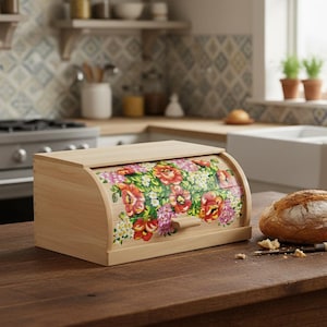 May include: Wooden bread box with a floral design featuring red, pink, and yellow flowers. The bread box is light brown and sits on a wooden table next to a loaf of bread and a bread knife. The kitchen setting includes a stove and sink.