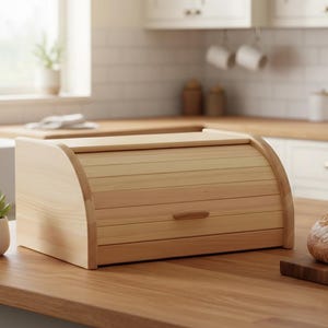 May include: A light-colored wooden bread box with a roll-top lid and a small wooden handle. The bread box is sitting on a wooden countertop in a kitchen setting. A small succulent plant in a white pot is to the left of the bread box.