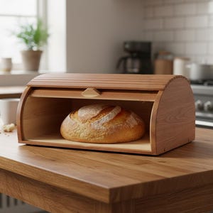 Pode incluir: Uma caixa de pão de madeira com tampa enrolável, mostrando um pão recém-assado. A caixa é feita de madeira clara e está sobre uma mesa de madeira. O pão tem uma crosta dourada.