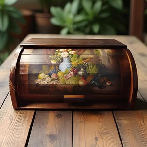 Wooden Bread Box with Print, Beech Bread Storage, Sliding Lid, Rustic Bread Bin, Kitchen Organizer, Wooden Kitchen Decor