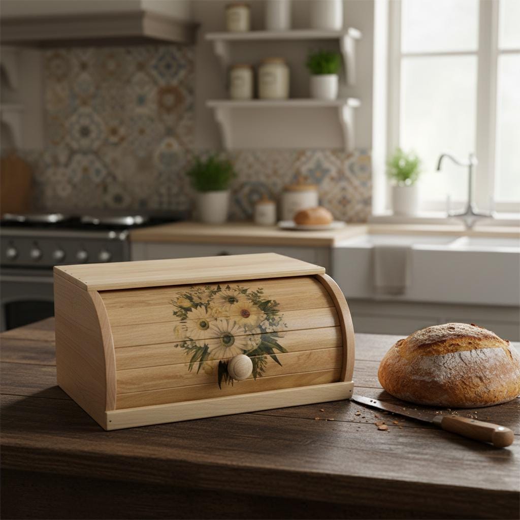 Wooden Bread Box 15x10.6x6.7 Inch, Beech Bread Bin, Rustic Bread