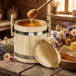 May include: A wooden honey bucket with a silver band is filled with golden honey, with a wooden honey dipper dripping honey into the bucket. A wooden lid rests beside the bucket. Honeycombs and flowers are also on the wooden table.
