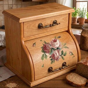 Alder Wood Bread Box 14x11x12in, Wooden Bread Bin With Roses, Rustic Kitchen Storage, Farmhouse Bread Box, Floral Bread Box