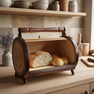 Puede incluir: Panera de madera con asa y detalles en marrón oscuro. La panera está abierta, revelando una hogaza de pan rebanado y varios panecillos. La panera está sobre una encimera de madera, con una estantería de cuencos y tarros al fondo.