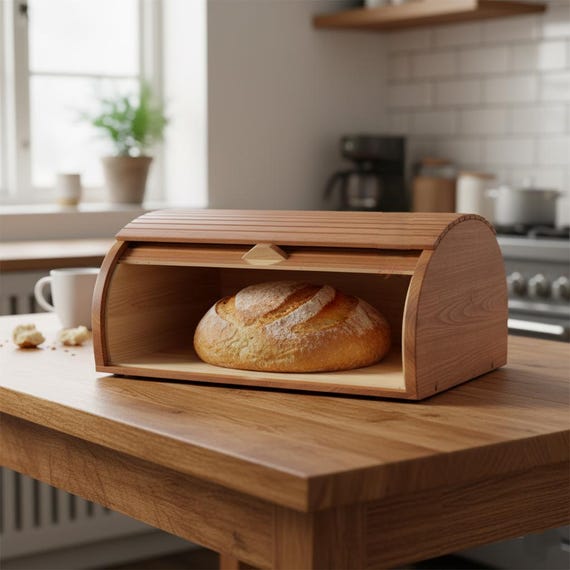 木製ブレッドボックス 15.7x10.6x6.3インチ ブナ材製ブレッドビン 素朴