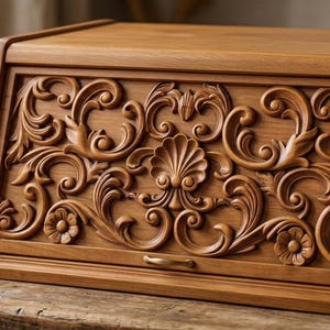 May include: A wooden bread bin with detailed floral carvings. The warm brown box has a hinged lid and a small brass handle. The ornate carvings add a touch of elegance to the kitchen. The bread bin is a stylish storage solution.