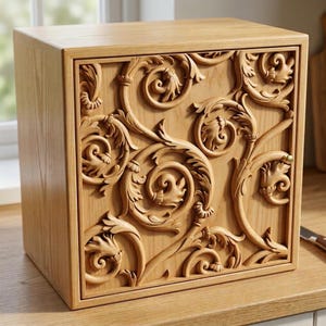 May include: A light oak wooden box featuring detailed, carved floral and scroll patterns on the front. The box is square and has a smooth, natural wood grain finish. The carved design creates a three-dimensional effect, adding depth.